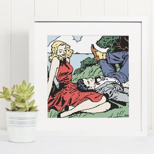 Motif de point de croix amour vintage / point de croix rétro / point de croix style bande dessinée