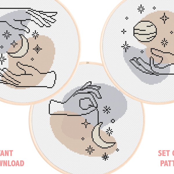 Set of 3 Minimal Aesthetic Cross Stitch Charts / 'Universe in Your Hands' Cross Stitch Patterns / Modern Cross Stitch / Pattern Bundles