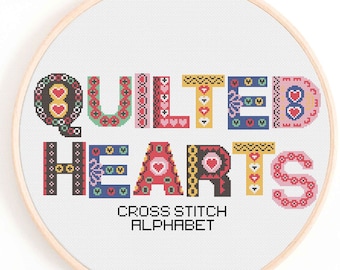 Quilted Hearts Alphabet Cross Stitch Chart (Digital Download)