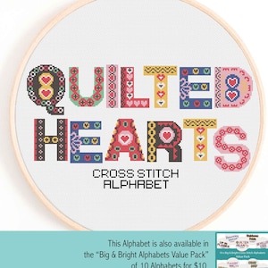 Quilted Hearts Alphabet - Full Alphabet Cross Stitch Chart - Decorative Full Color Alphabet Cross Stitch Chart - Large Alphabet