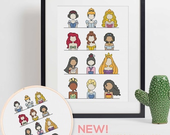 May include: A framed cross-stitch pattern featuring a collection of Disney princesses in a minimalist style. The princesses are arranged in rows, with each princess depicted in a simple, geometric design. The frame is black and the background is white. The text "NEW! BONUS "MINI" VERSION INCLUDED" is printed below the image.