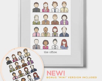 以下が含まれることがあります： テレビ番組「The Office」のキャラクターのクロスステッチパターンが額装されています。パターンには「the office.」というテキストが含まれており、パターンの小型版がフープに表示されています。