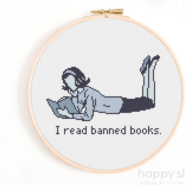 I Read Banned Books Cross Stitch Pattern / Funny Retro Cross Stitch Pattern / Reading Cross Stitch / Library Cross Stitch / Librarians