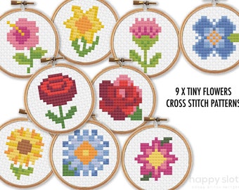 9 x Tiny Flowers Cross Stitch Charts / 2 inch Cross Stitch Patterns / Mini Cross Stitch PDF / Bundle Cross Stitch Download