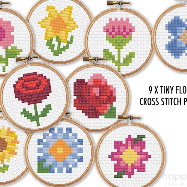 9 x Tiny Flowers Cross Stitch Charts / 2 inch Cross Stitch Patterns / Mini Cross Stitch PDF / Bundle Cross Stitch Download