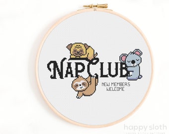 Nap Club Cross Stitch Pattern -  Sloth, Koala, Puppy Cross Stitch Chart - Funny Cross Stitch Patterns - Cute Animals