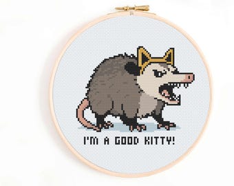 Funny Opossum Cross Stitch Pattern: 'I'm a Good Kitty' (Digital Download)