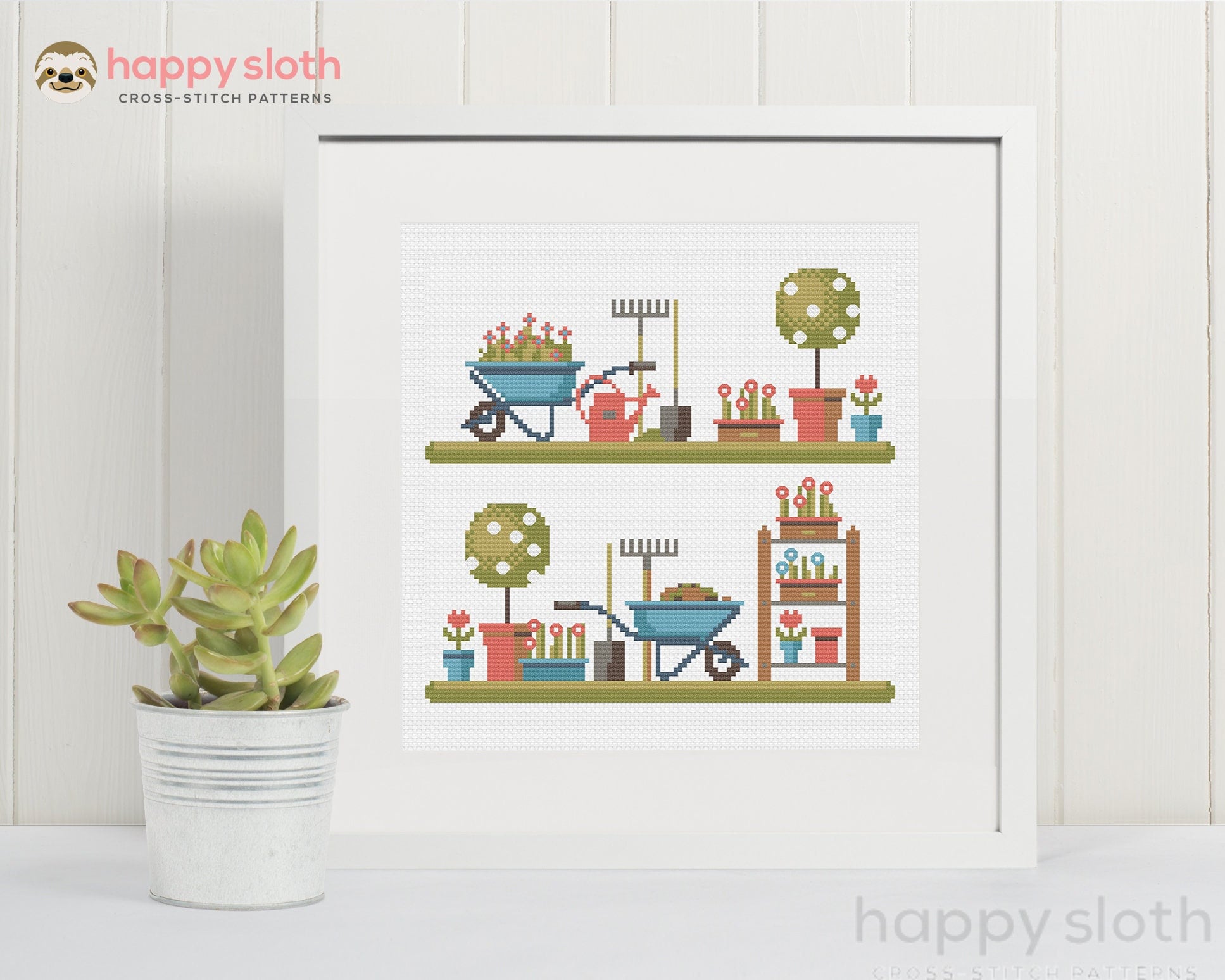 Gardener Cross Stitch Pattern: Potting Shed Sampler (digital