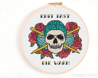 Knit Fast, Die Warm Cross Stitch Pattern - Knitting Cross Stitch Chart - Crafty Gift, Gift for Crafter - Tattoo Style Knitting Needles