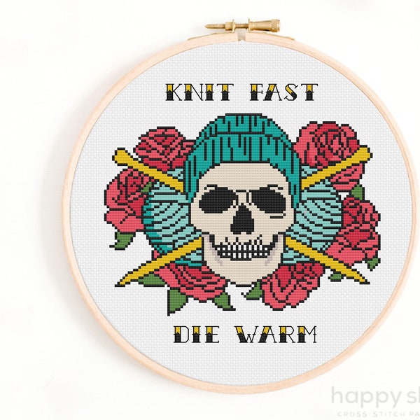 Knit Fast, Die Warm Cross Stitch Pattern - Knitting Cross Stitch Chart - Crafty Gift, Gift for Crafter - Tattoo Style Knitting Needles