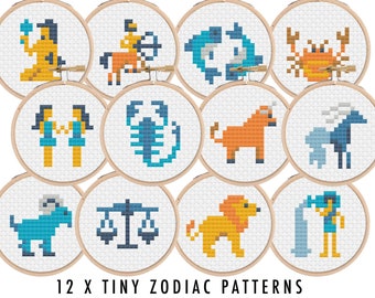 12 x Tiny Zodiac Symbols Cross Stitch Charts / 2 inch Cross Stitch Patterns / Mini Cross Stitch PDF / Bundle Cross Stitch Download