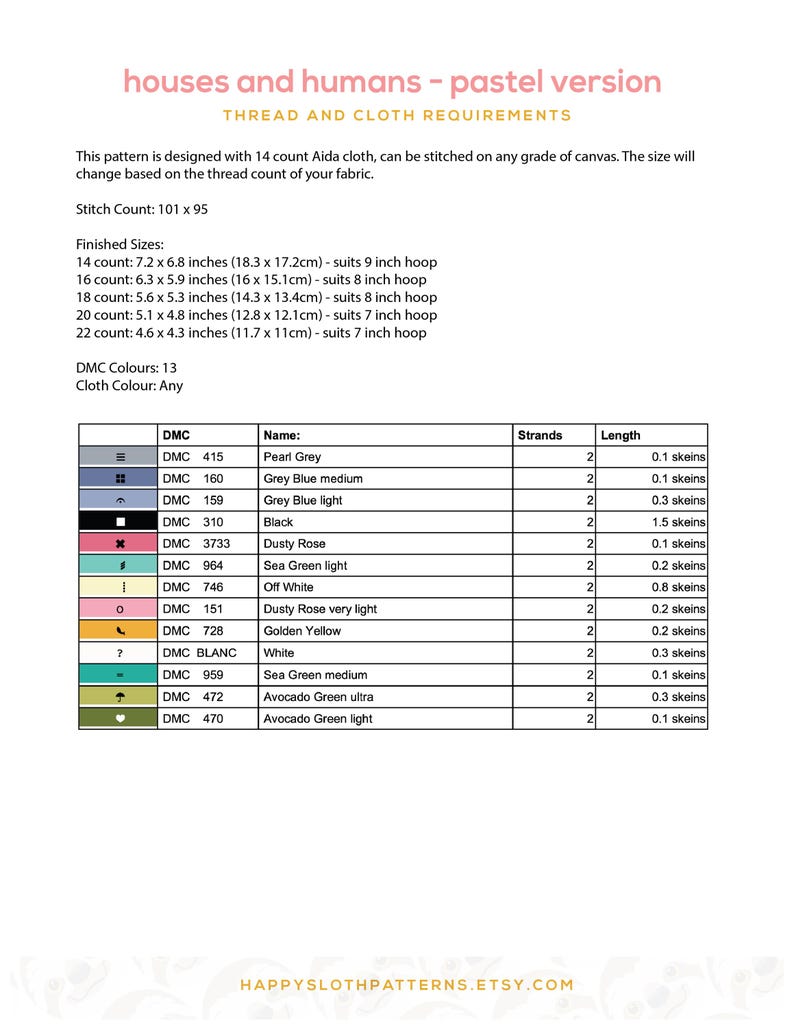 May include: A pastel cross-stitch pattern chart named "houses and humans." The chart details thread and cloth requirements, stitch count, finished sizes in cm, DMC colour codes, and a list of 13 colours.