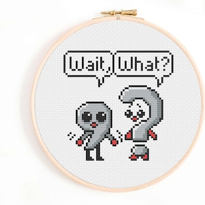 Può includere: Ricamo a punto croce in un telaio di legno con due personaggi pixelati, un numero nove e un punto interrogativo, con il testo "Wait, What?" in fumetti. I personaggi hanno occhi neri e dettagli rossi.