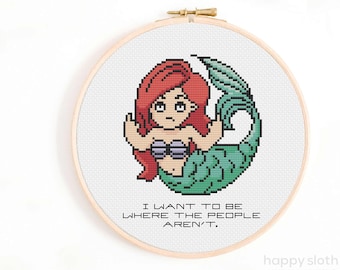 Small Angry Mermaid Cross Stitch Pattern - I Want to Be Where the People Aren't Mermaid Cross Stitch - Mermaid Cross Stitch Chart