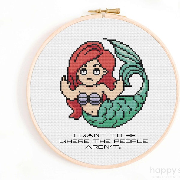 Small Angry Mermaid Cross Stitch Pattern - I Want to Be Where the People Aren't Mermaid Cross Stitch - Mermaid Cross Stitch Chart