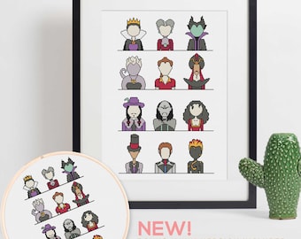 May include: A black framed picture with a white background featuring a grid of 12 colorful pixel art characters. The characters are all villains from Disney movies. The text "NEW! BONUS "MINI" VERSION INCLUDED" is at the bottom of the picture.