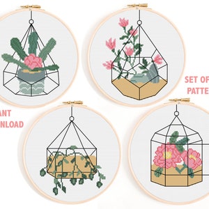Ensemble de 4 grilles de point de croix de terrarium / motif de point de croix de plantes suspendues / point de croix de plantes d'intérieur PDF / téléchargement de point de croix Bundle