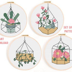 Set of 4 Terrarium Cross Stitch Charts / Hanging Plants Cross Stitch Pattern / Indoor Plant Cross Stitch PDF / Bundle Cross Stitch Download