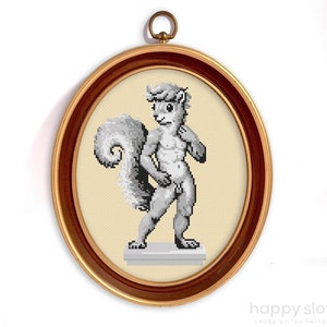 May include: A cross stitch pattern of a squirrel in a classical pose, framed in a gold oval frame.