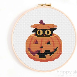 Spooky Creature Cross Stitch Pattern - Funny Cross Stitch Pattern - Cute Halloween Cross Stitch Pattern - Black Cat - Jack o Lantern