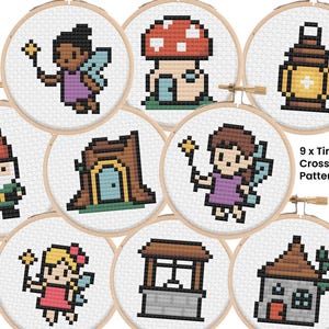 May include: Nine tiny fairy cross stitch patterns displayed in wooden hoops. The designs include fairies, a mushroom, a lantern, a gnome, a tree house, a well, and a house. The text "9 x Tiny Fairy Cross Stitch Patterns" is visible.