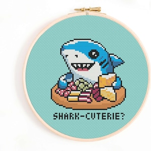 Shark-Cuterie Cross Stitch Pattern -  Funny Shark Charcuterie Cross Stitch Chart - Silly Cross Stitch Patterns - Cute Animal Pattern