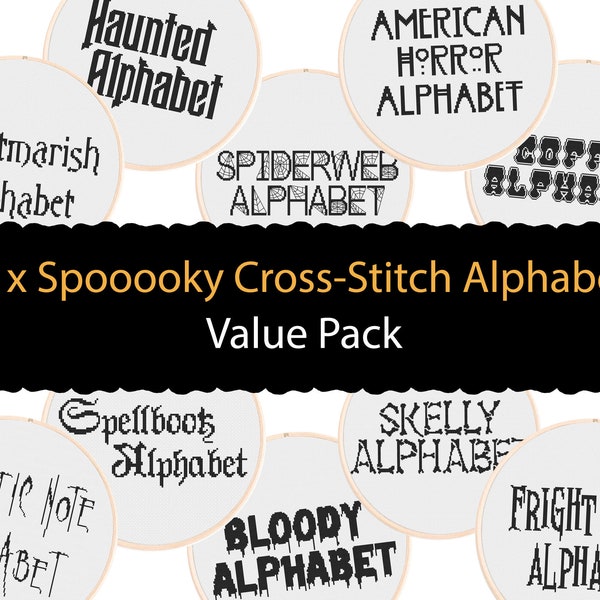 10 Spooky Cross Stitch Alphabets - Value Pack of Halloween or Goth Cross Stitch Fonts, for DIY Patterns. Alphabets for Cross Stitching.