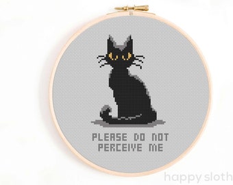 Please Do Not Perceive Me Cross Stitch Pattern - Spooky Cross Stitch Pattern - Goth Cross Stitch Pattern - Black Cat