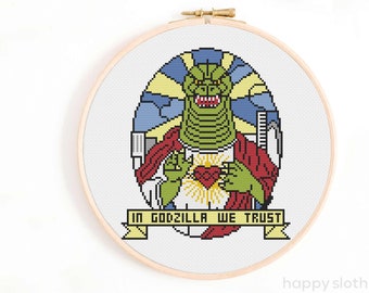 In Godzilla We Trust Cross Stitch Pattern - Funny Gamer Cross Stitch Pattern - Kaiju, Japanese Films, Horror Movie Cross Stitch