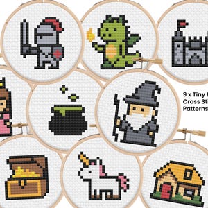 May include: Nine tiny fairytale cross stitch patterns are displayed in embroidery hoops. The designs include a knight, dragon, castle, princess, cauldron, wizard, treasure chest, unicorn, and a house. The text reads "9 x Tiny Fairytale Cross Stitch Patterns."