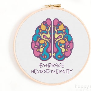 May include: Cross stitch pattern featuring a colorful brain with the text "Embrace Neurodiversity".