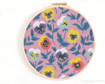 Wild Pansies Floral Cross Stitch Pattern: 8" Hoop (Digital Download)