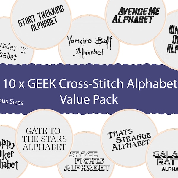 10 Geeky and Nerdy Cross Stitch Alphabets - Bundle of Sci-Fi and Fantasy Cross Stitch Fonts for DIY Patterns. Alphabets for Cross Stitching