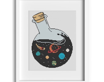 Galaxy in a Bottle Cross Stitch Pattern: Outer Space Sci-Fi (Digital Download)