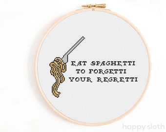 Eat Spaghetti to Forgetti Cross Stitch Pattern - Funny Food (Digital Download)