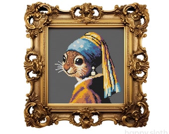 Squirrel With A Pearl Earring Cross Stitch Pattern -  Funny Animal Cross Stitch Chart - Art History Cross Stitch - Famous Artworks - Vermeer