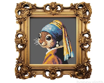 Squirrel With A Pearl Earring Cross Stitch Pattern -  Funny Animal Cross Stitch Chart - Art History Cross Stitch - Famous Artworks - Vermeer