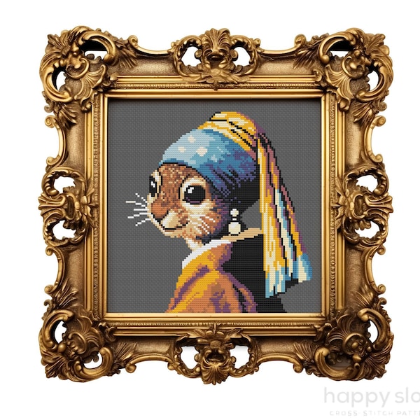 Eichhörnchen mit Perlenohrring Kreuzstichmuster - Lustiges Tier Kreuzstichvorlage - Kunstgeschichte Kreuzstich - Berühmte Kunstwerke - Vermeer