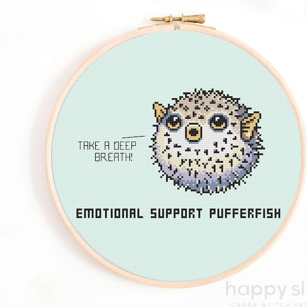 Emotional Support Pufferfish Cross Stitch Pattern -  Funny Anxiety Cross Stitch Chart - Silly Cross Stitch Patterns - Cute Animal Pattern