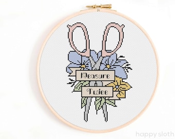 Measure Twice Scissors Cross Stitch Pattern - Tattoo Style (Digital Download)