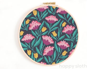 Floral Cross Stitch Pattern: Navy, Pink Tulips (Digital Download)