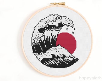 Japanese Wave Cross Stitch Pattern: Tsunami Embroidery (Digital Download)