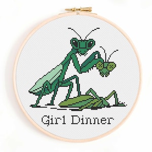 May include: A cross-stitch embroidery in a round wooden hoop featuring a pixel-art style green praying mantis eating a smaller insect. The design is set against a white fabric background and includes the black text "Girl Dinner" at the bottom.