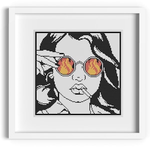 May include: Black and white illustration of a person wearing sunglasses with flames reflected in the lenses. The person is also smoking a cigarette.
