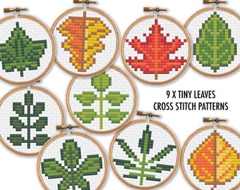 9 x Tiny Leaves Cross Stitch Charts / 2 inch Cross Stitch Patterns / Mini Cross Stitch PDF / Bundle Cross Stitch Download