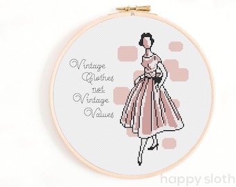 Mid Century Fashion Cross Stitch Pattern: 'Vintage Clothes' Quote (Digital Download)