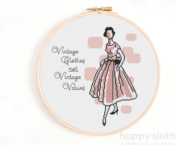 Mid Century Fashion Cross Stitch Pattern: 'Vintage Clothes' Quote (Digital Download)