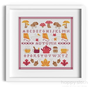 Autumn Sampler Cross Stitch Pattern: Scandi Leaves, Mushrooms (Digital Download)