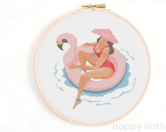 Summer Girl Cross Stitch Pattern: Beach Flamingo (Digital Download)