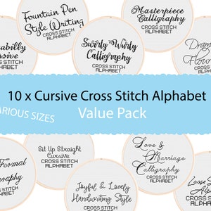 10 Cursive and Calligraphy Cross Stitch Alphabets - Bundle of Calligraphy Cross Stitch Fonts for DIY Patterns. Alphabets for Cross Stitching